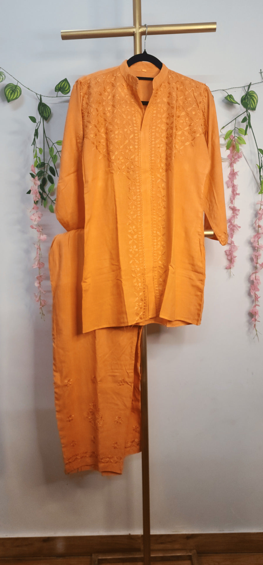Orange Rayon Co-ord Set for Women | Stylish Chikankari Inspired Casual & Festive Wear | Varnika Exclusive Chikan