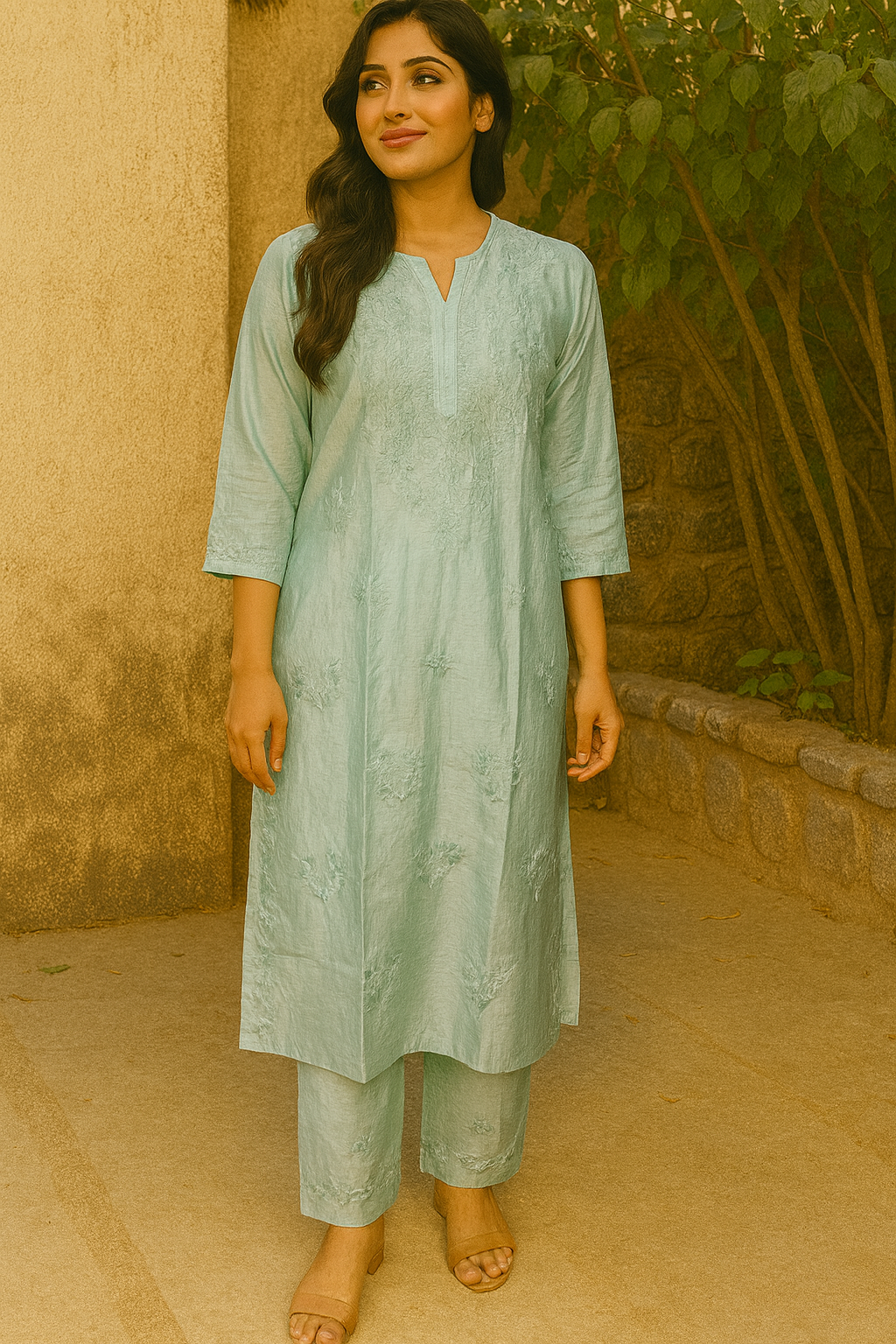 Aqua Marine Chanderi Kurta Set with Palazzo | Handcrafted Chikankari Embroidery | Varnika Exclusive Chikan