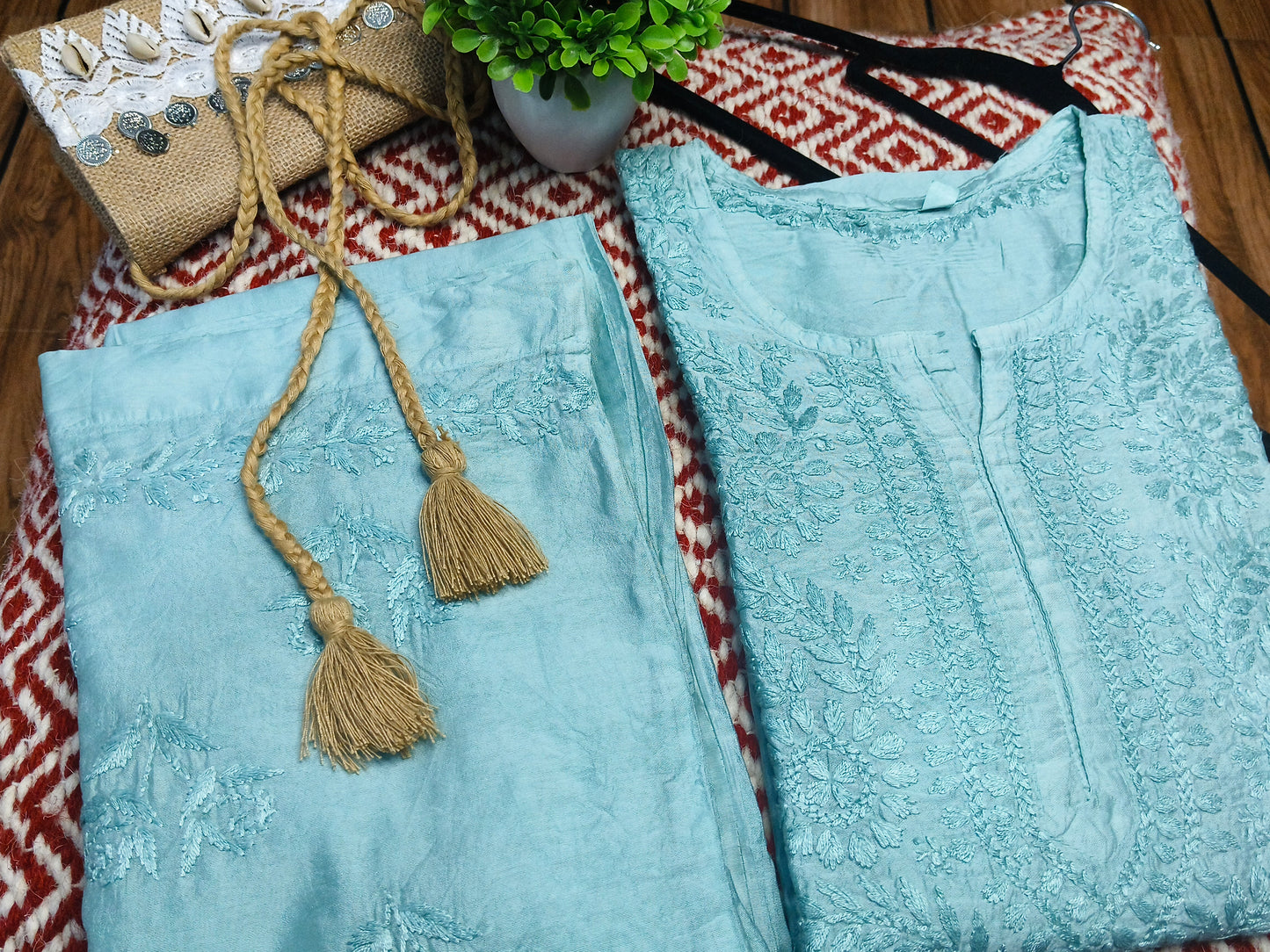 Aqua Marine Chanderi Kurta Set with Palazzo | Handcrafted Chikankari Embroidery | Varnika Exclusive Chikan