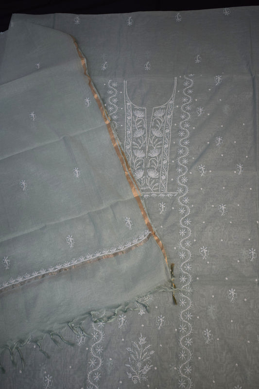 Unstitched Aqua Marine thread Mulmul Chanderi Suit Piece with Dupatta