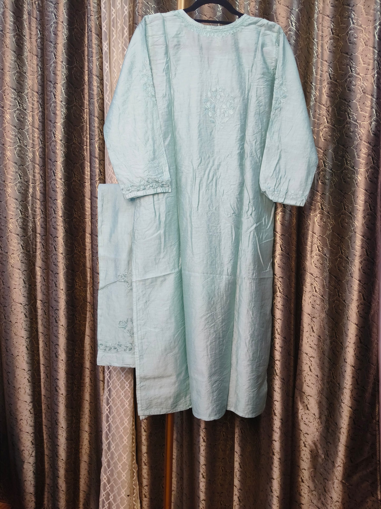 Aqua Marine Chanderi Kurta Set with Palazzo | Handcrafted Chikankari Embroidery | Varnika Exclusive Chikan