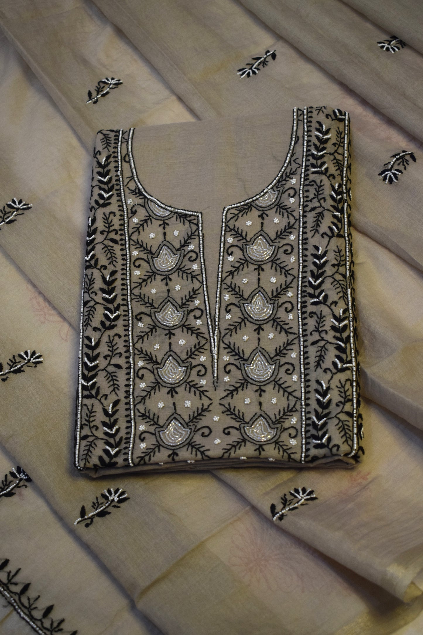 Unstitched Beige Mul Chanderi Suit Piece with Dupatta