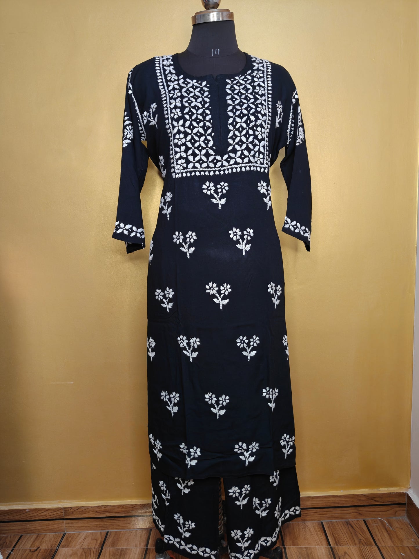 Black Rayon Chikankari Kurta Set with Ghaspatti & Phanda Embroidery | Varnika Exclusive Chikan