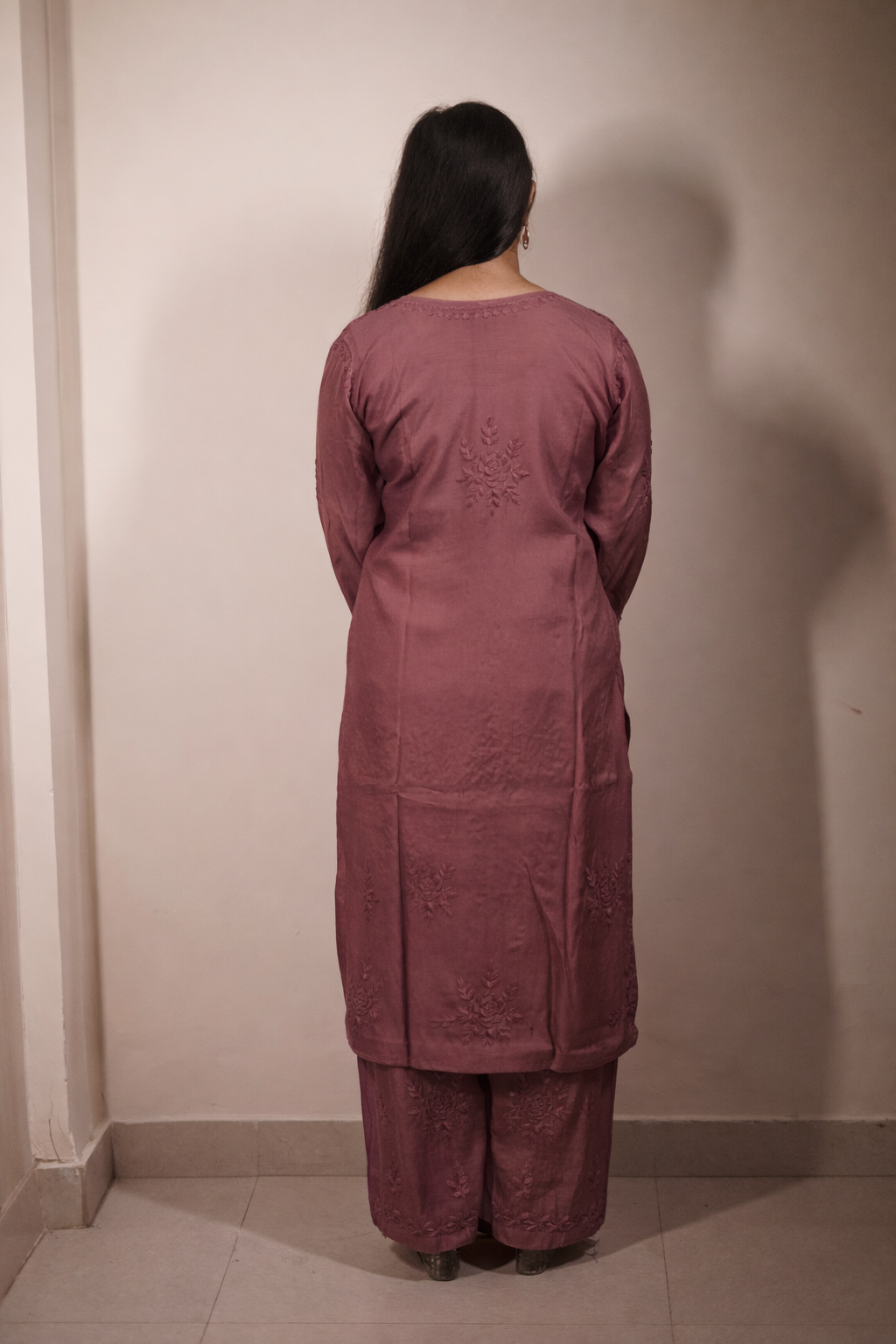 Light Wine Masleen Kurta Palazzo Dupatta Set | Handcrafted Chikankari Kurti & Palazzo Set | Varnika Exclusive Chikan