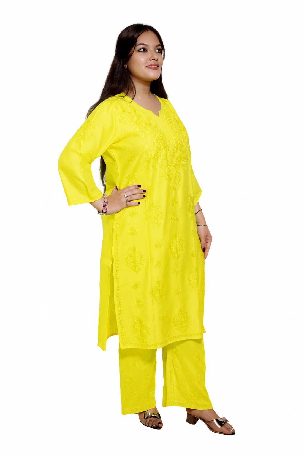 Mustard Yellow Chanderi Kurta Set with Palazzo | Handcrafted Chikankari Embroidery | Varnika Exclusive Chikan