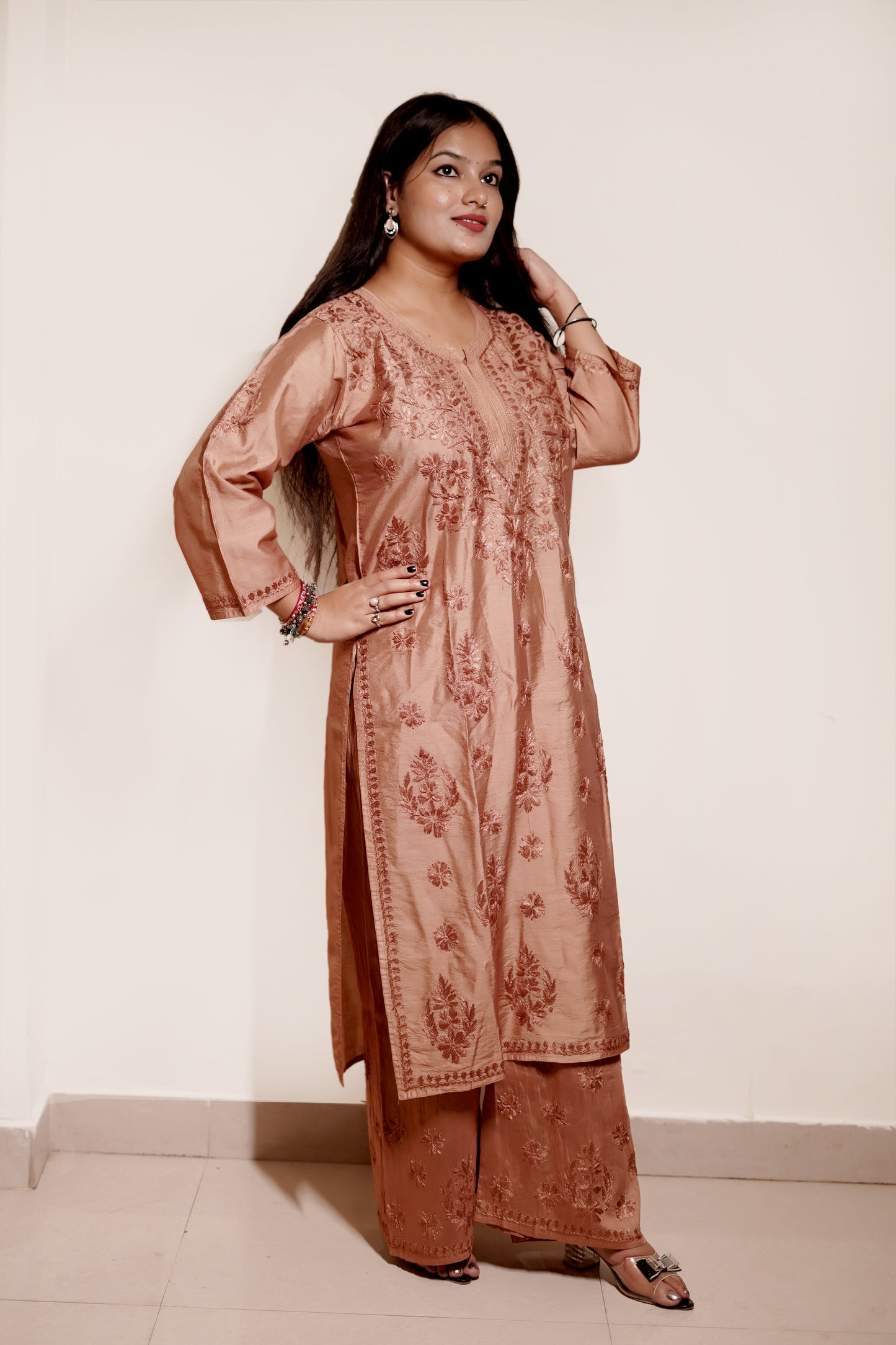 Copper Brown Chanderi Kurta Set with Palazzo | Handcrafted Chikankari Embroidery | Varnika Exclusive Chikan