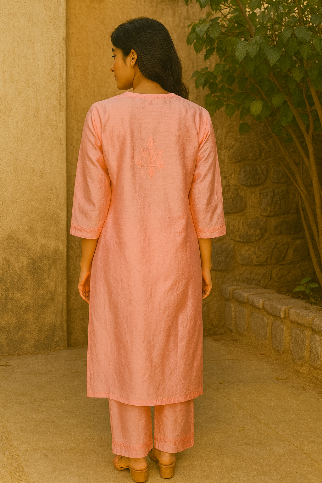 Dark Pink Chanderi Kurta Set with Palazzo | Handcrafted Chikankari Embroidery | Varnika Exclusive Chikan