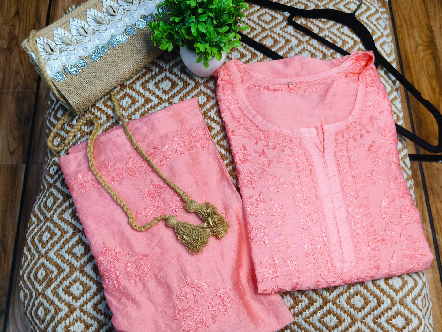 Dark Pink Chanderi Kurta Set with Palazzo | Handcrafted Chikankari Embroidery | Varnika Exclusive Chikan