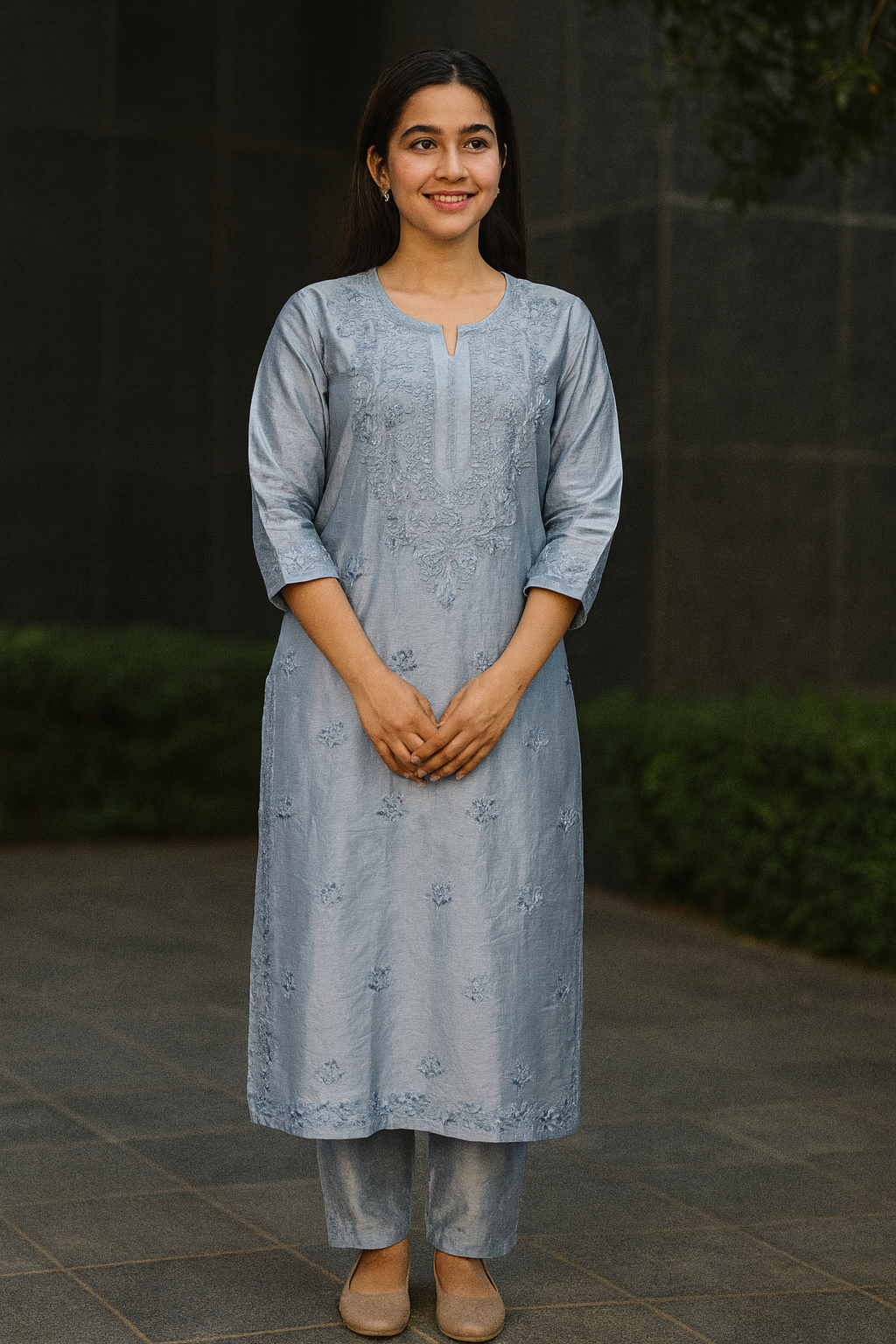 Dark Grey Chanderi Kurta Set with Palazzo | Handcrafted Chikankari Embroidery | Varnika Exclusive Chikan