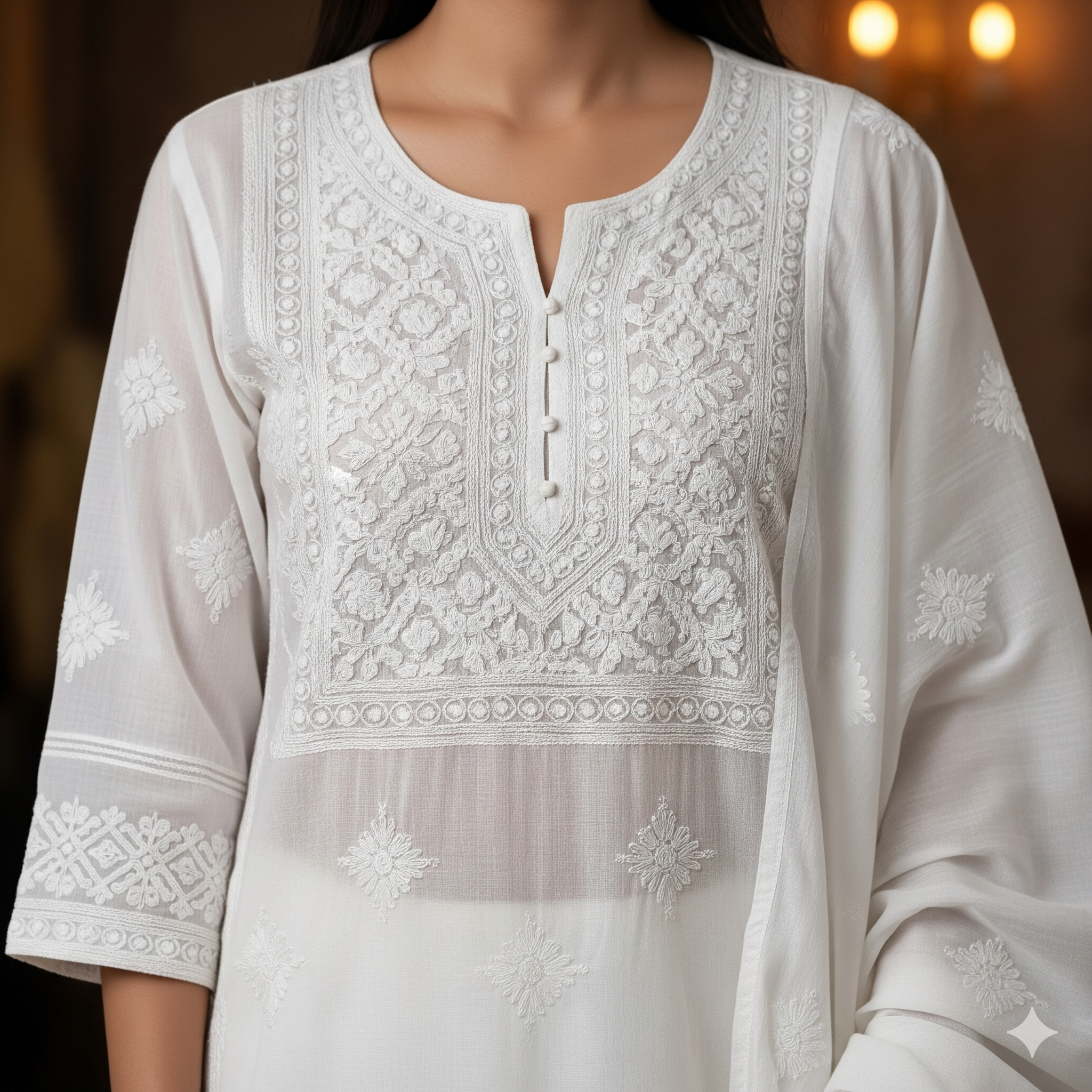 Hand Embroidered Chikankari Cotton Kurti – White Lucknowi Work