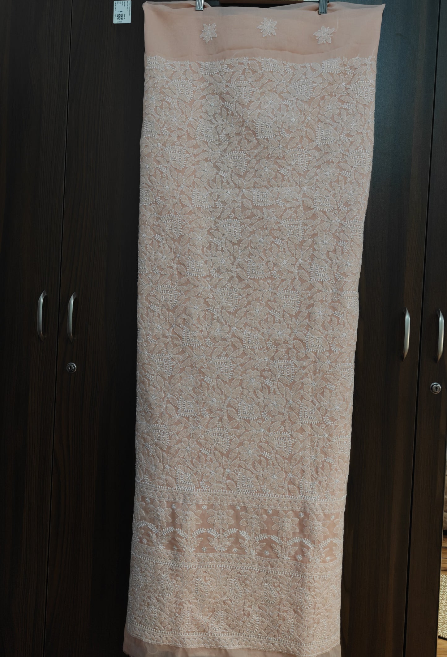 Peach Terivoil Cotton Hand-Embroidered Chikankari Unstitched Suit Set | Varnika Exclusive Chikan