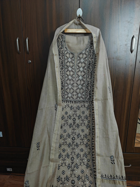 Unstitched Beige Mul Chanderi Suit Piece with Dupatta