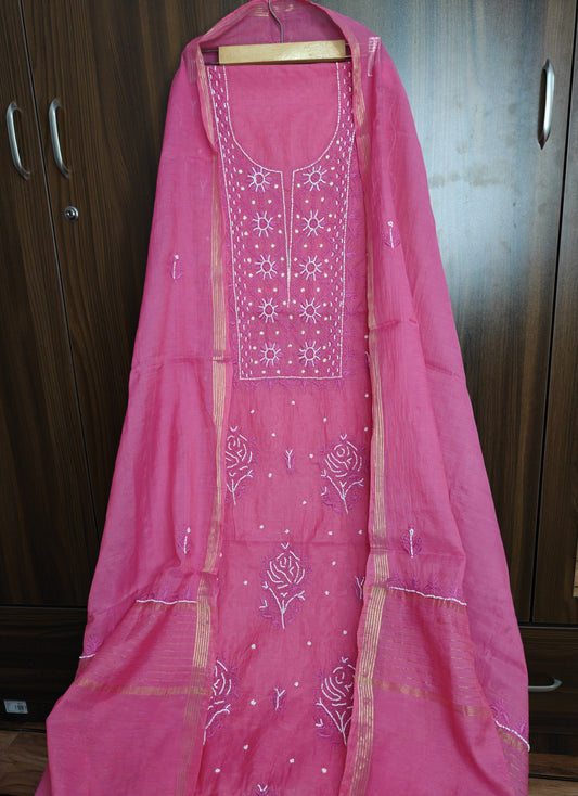 Unstitched Magenta thread Mul Chanderi Suit Piece with Dupatta