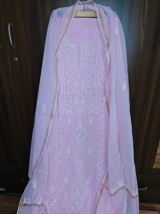 Unstitched Light Pink thread Mul Chanderi Suit Piece with Dupatta