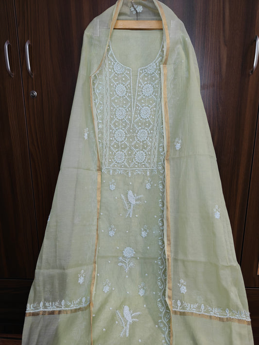 Unstitched Sage Green Mul Chanderi Suit Piece with Dupatta