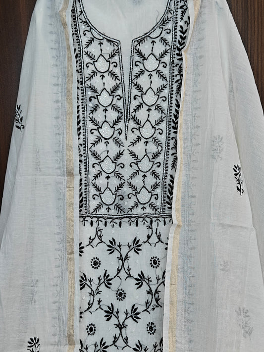 Unstitched White with black thread Mul Chanderi Suit Piece with Dupatta