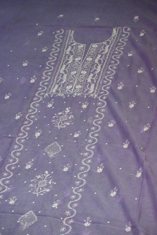 Unstitched Lavender thread Mulmul Chanderi Suit Piece with Dupatta