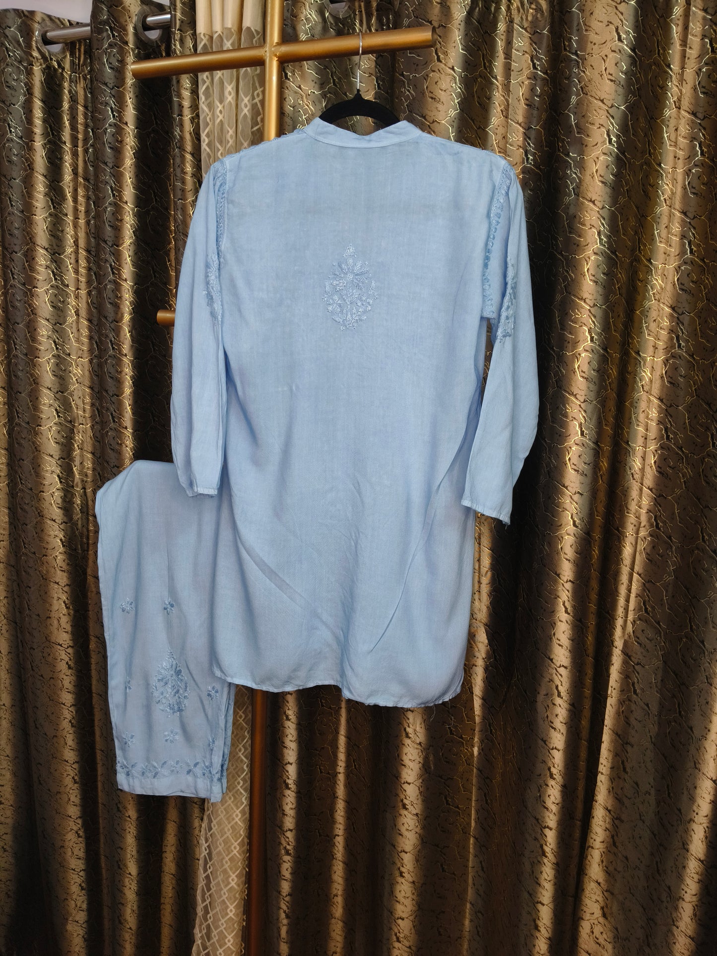 Light Blue Rayon Co-ord Set for Women | Elegant Kurti & Pant Set for Office, Festive & Daily Wear | Varnika Exclusive Chikan