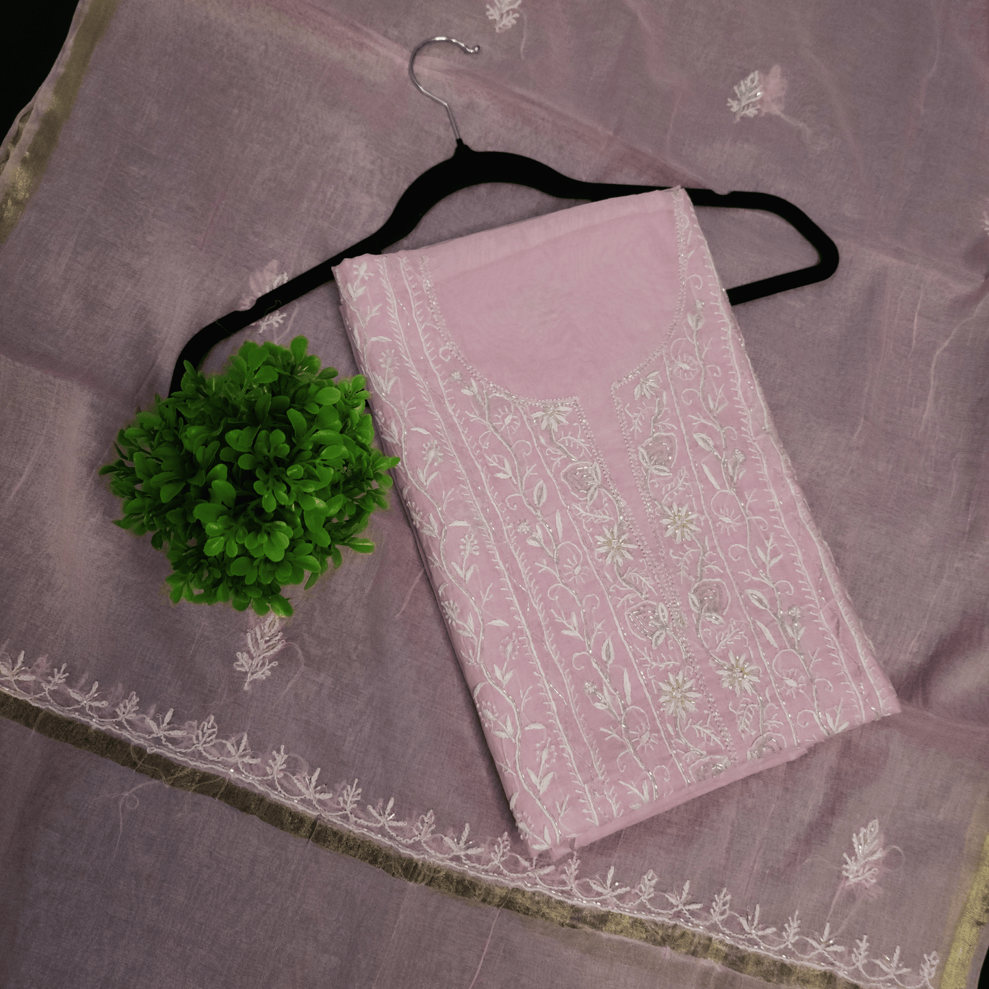 Unstitched Light Pink thread Mul Chanderi Suit Piece with Dupatta