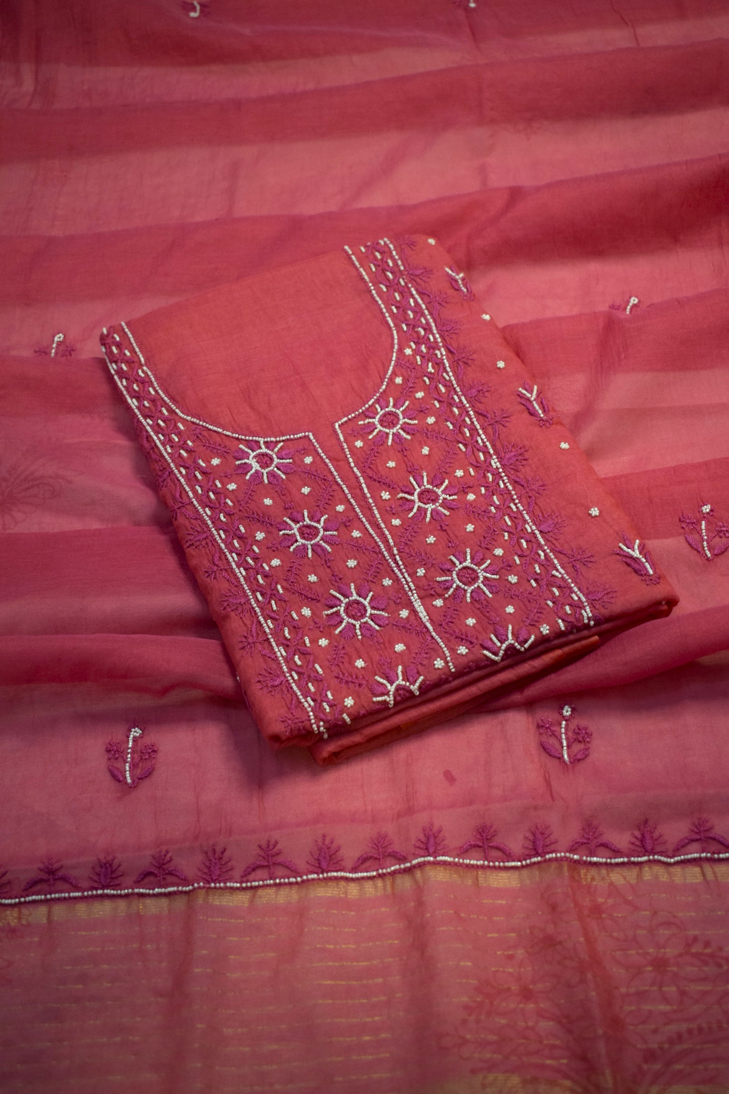 Unstitched Magenta thread Mul Chanderi Suit Piece with Dupatta