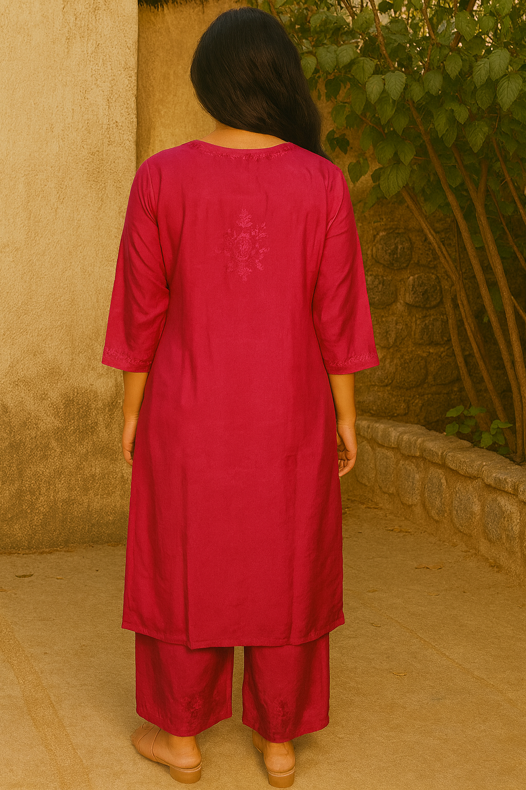 Magenta Masleen Kurta Set with Palazzo | Handcrafted Chikankari Kurti & Palazzo Set | Varnika Exclusive Chikan