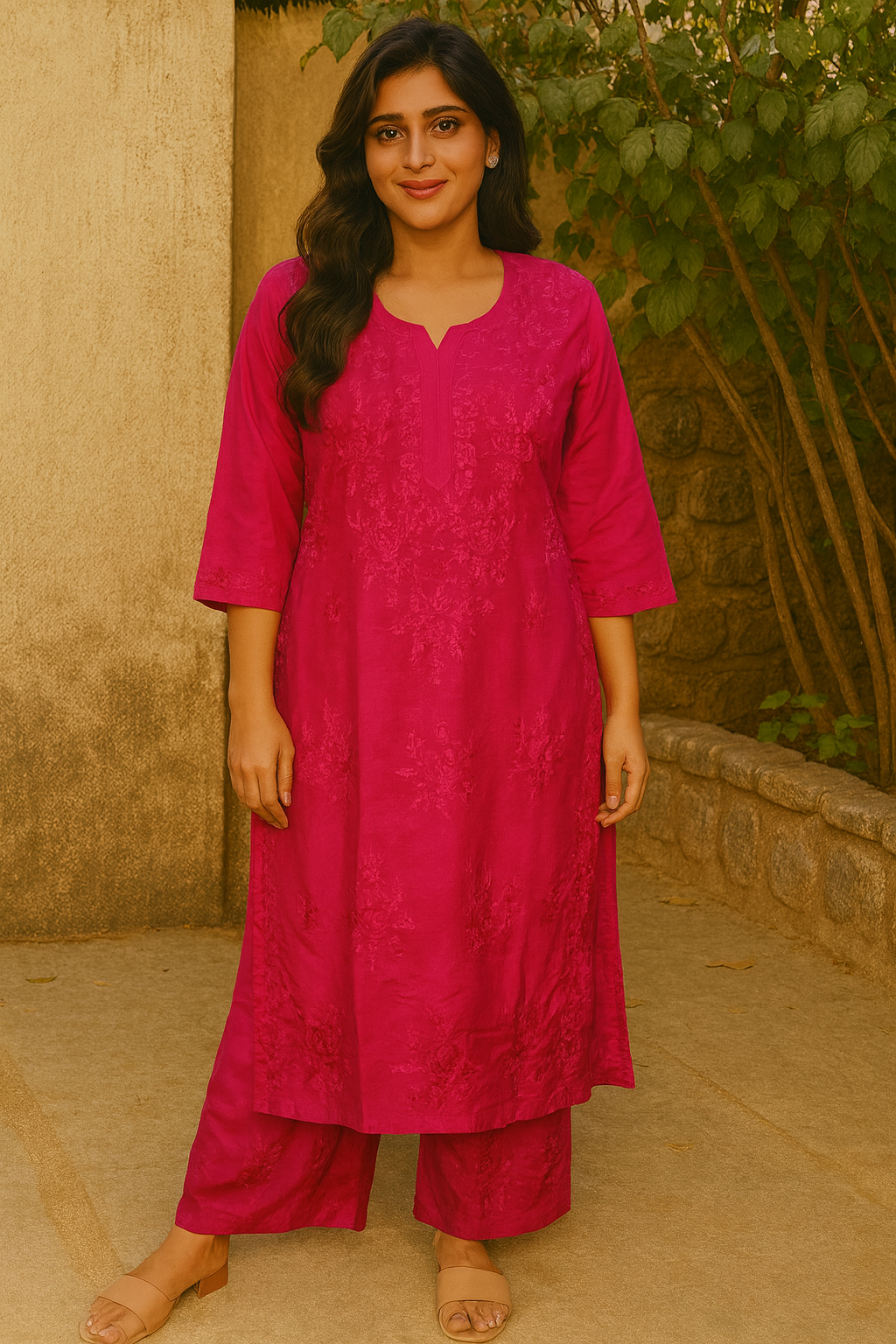 Magenta Masleen Kurta Set with Palazzo | Handcrafted Chikankari Kurti & Palazzo Set | Varnika Exclusive Chikan