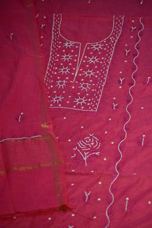 Unstitched Magenta thread Mulmul Chanderi Suit Piece with Dupatta