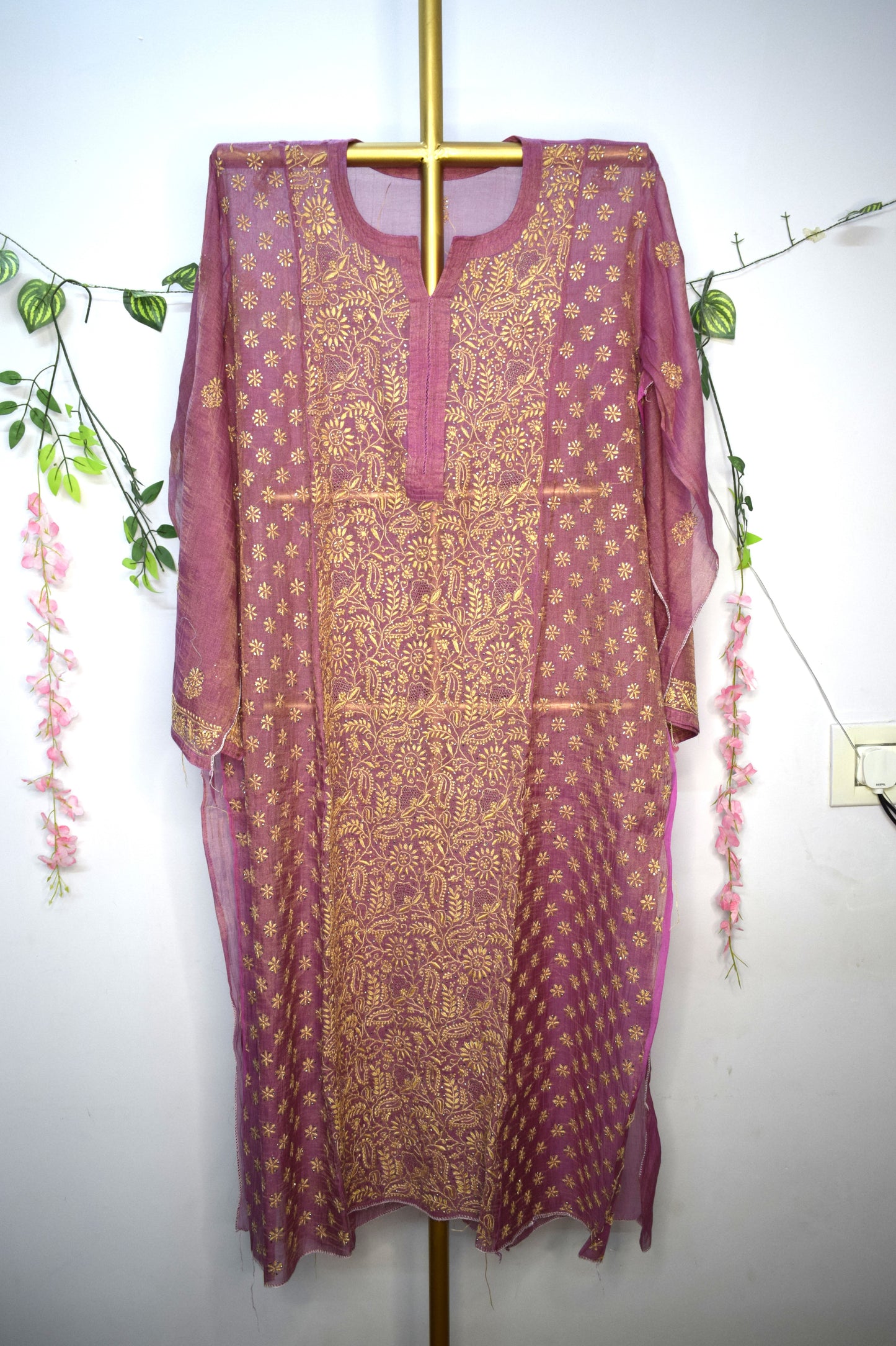 Semi-Stitched Mauve wine Tissue Suit Set with Golden Thread Embroidery