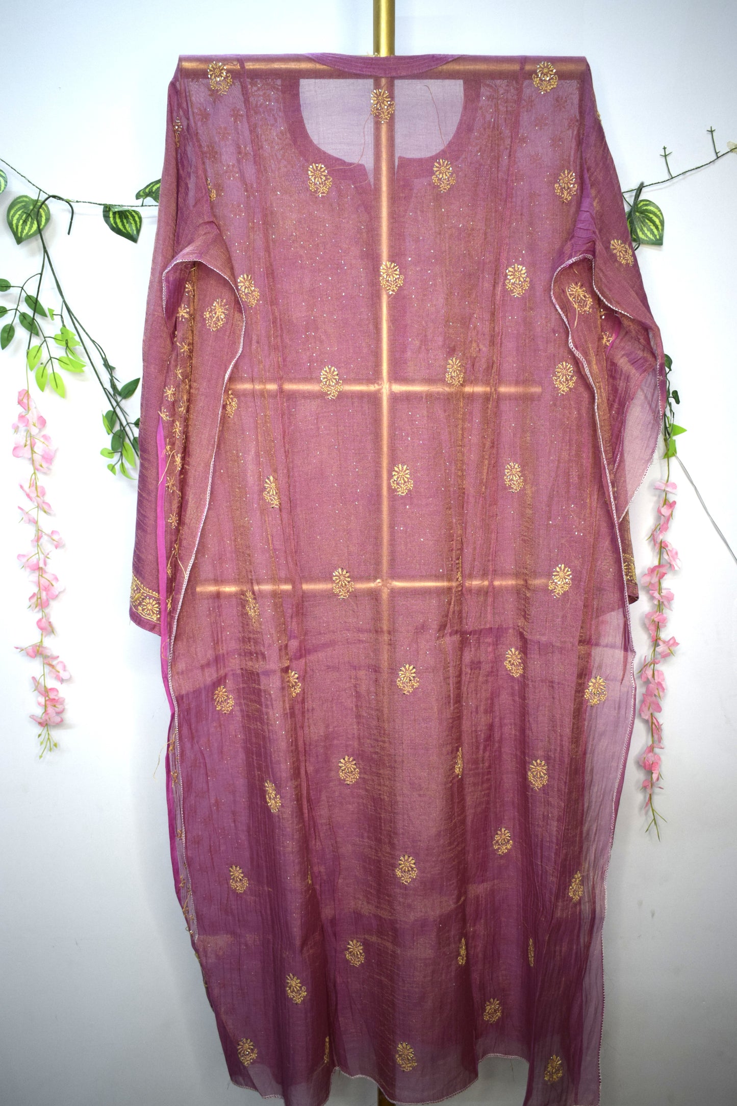 Semi-Stitched Mauve wine Tissue Suit Set with Golden Thread Embroidery