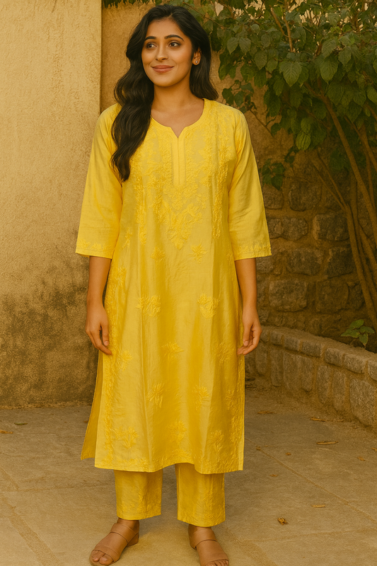 Mustard Yellow Chanderi Kurta Set with Palazzo | Handcrafted Chikankari Embroidery | Varnika Exclusive Chikan