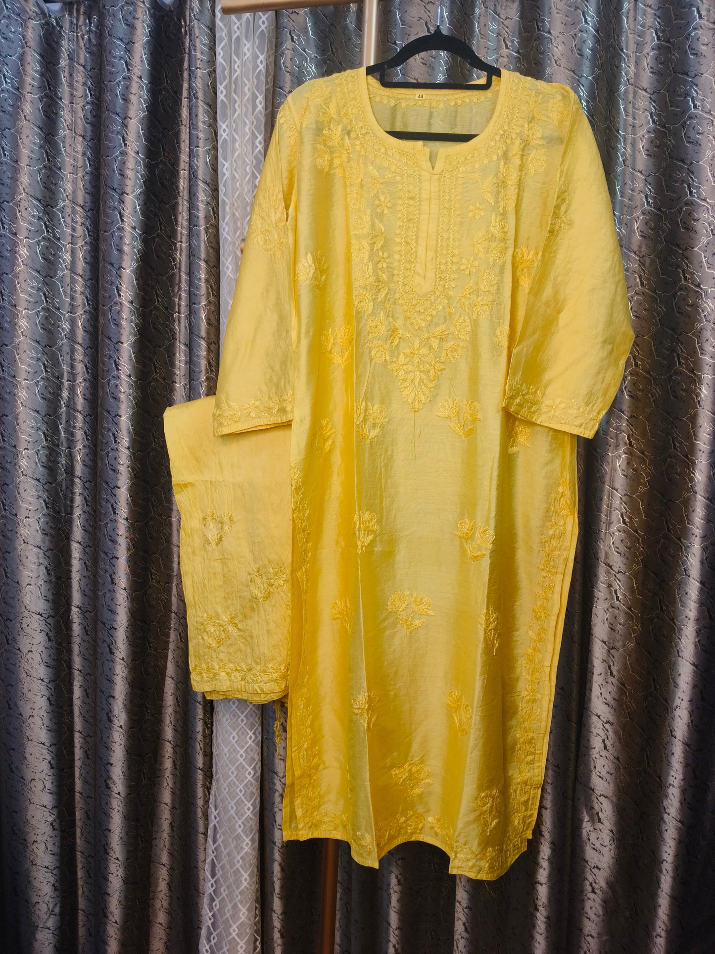 Mustard Yellow Chanderi Kurta Set with Palazzo | Handcrafted Chikankari Embroidery | Varnika Exclusive Chikan
