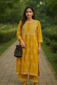 Mustard Yellow Rayon Chikankari Kurta Set with Ghaspatti & Phanda Embroidery | Varnika Exclusive Chikan