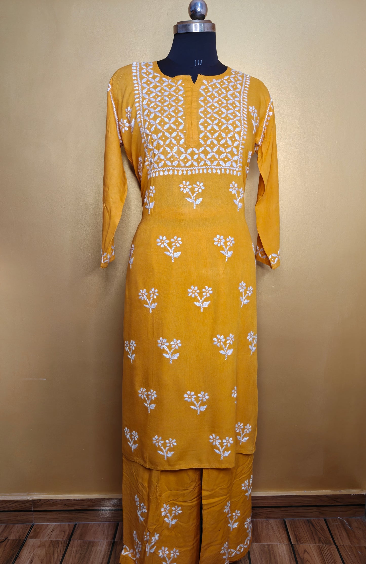 Mustard Yellow Rayon Chikankari Kurta Set with Ghaspatti & Phanda Embroidery | Varnika Exclusive Chikan