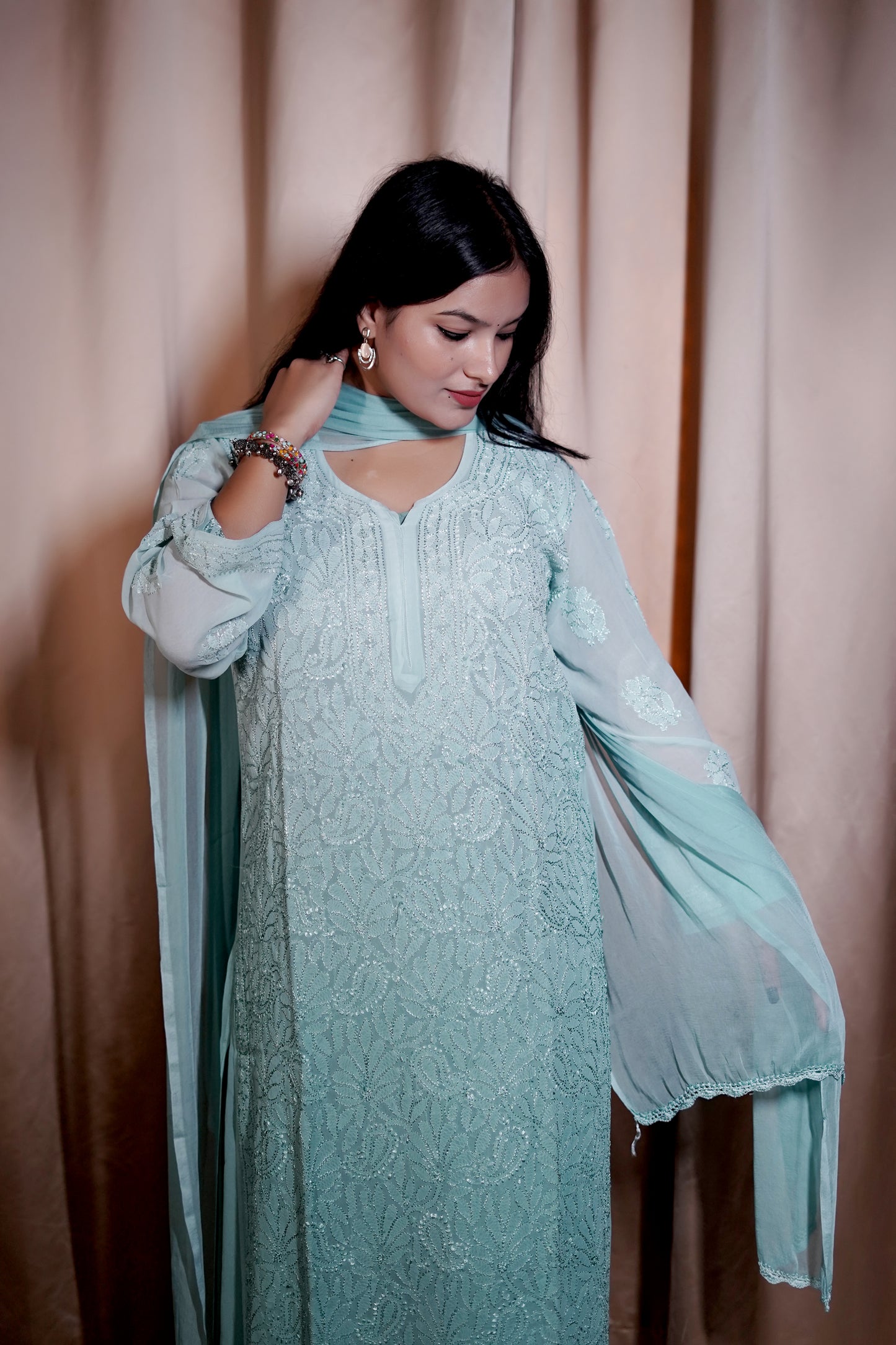 Pastel Aqua Green Ombre Viscose Hand-Embroidered Chikankari Kurta Palazzo Dupatta Set | Varnika Exclusive Chikan