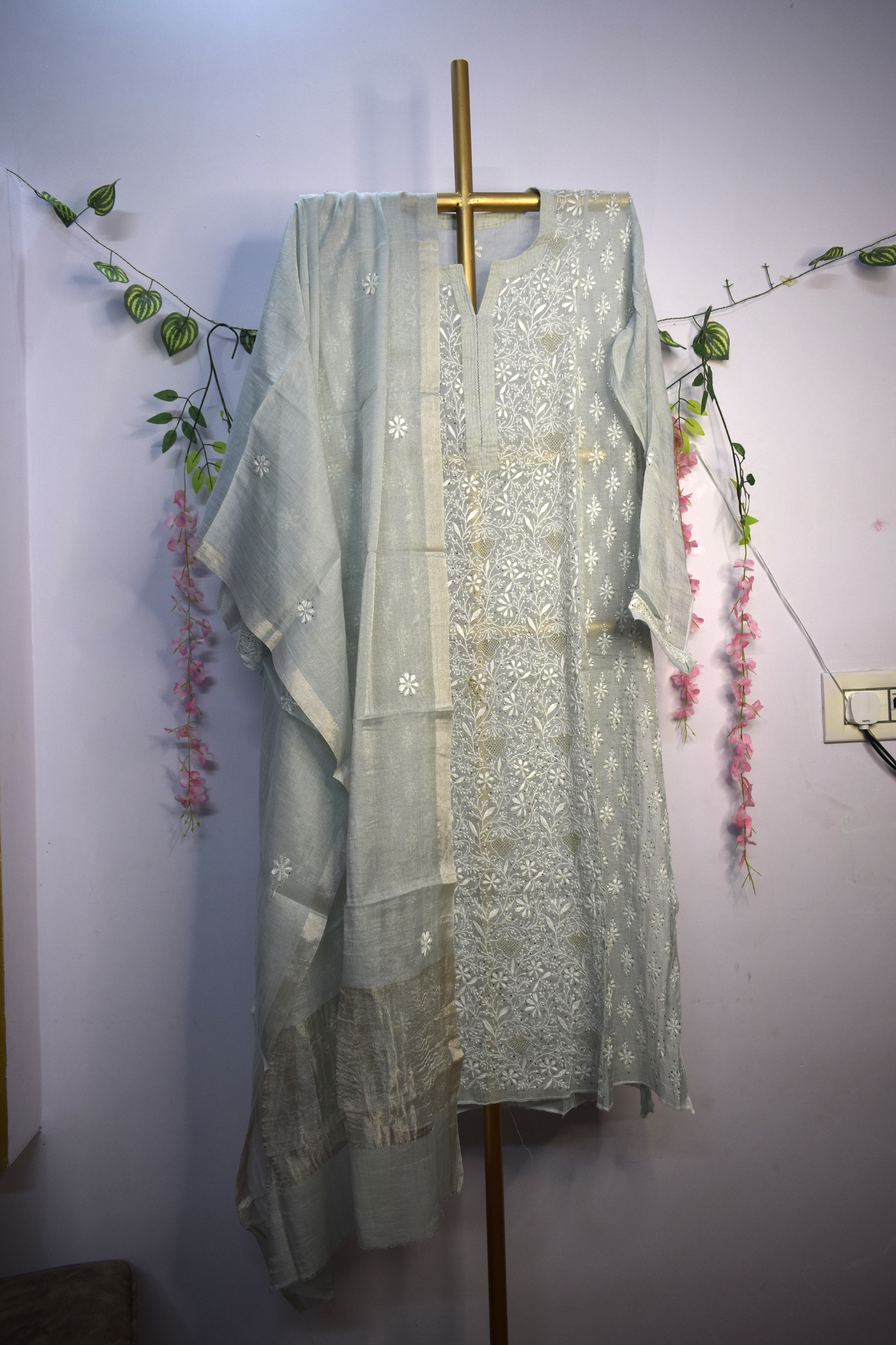 Semi-Stitched Pastel Greyish Blue Tissue Suit Set with Golden Thread Embroidery