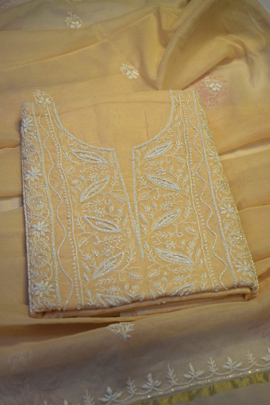 Unstitched Peach Mulmul Chanderi Suit Piece with Dupatta