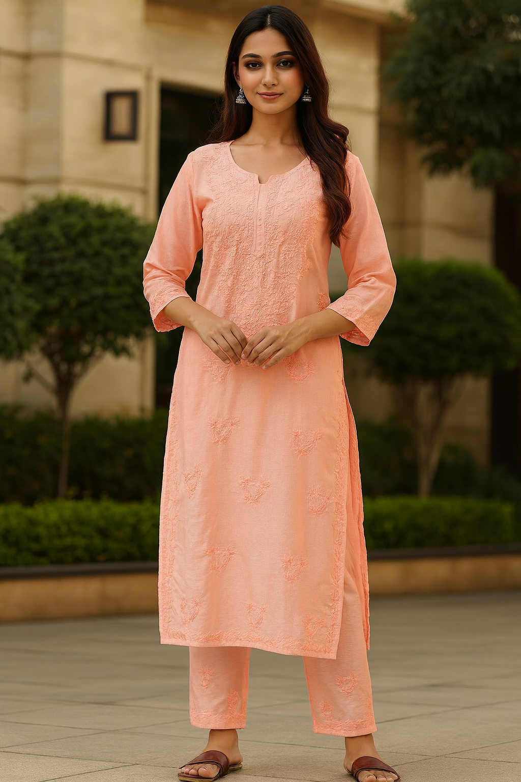 Peach Chanderi Kurta Set with Palazzo | Handcrafted Chikankari Embroidery | Varnika Exclusive Chikan