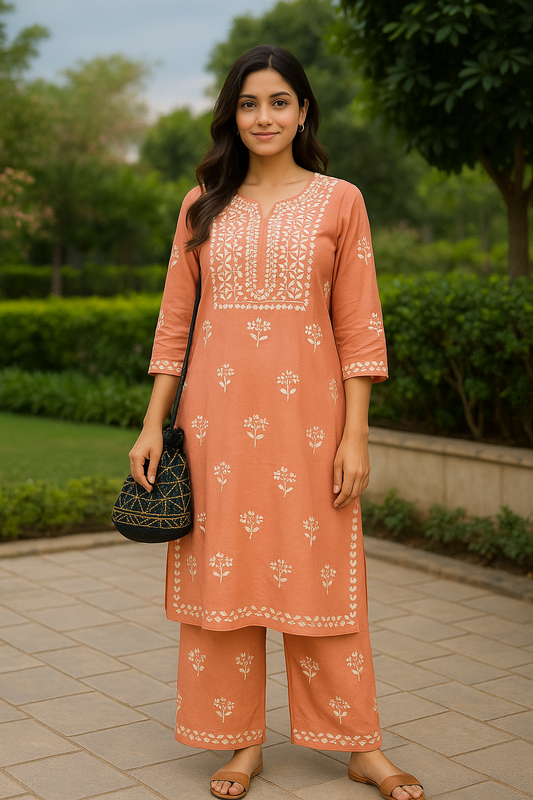 Peach Rayon Chikankari Kurta Set with Ghaspatti & Phanda Embroidery | Varnika Exclusive Chikan