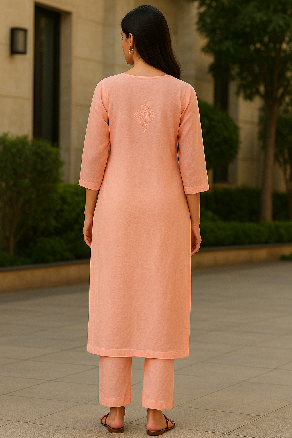 Peach Chanderi Kurta Set with Palazzo | Handcrafted Chikankari Embroidery | Varnika Exclusive Chikan