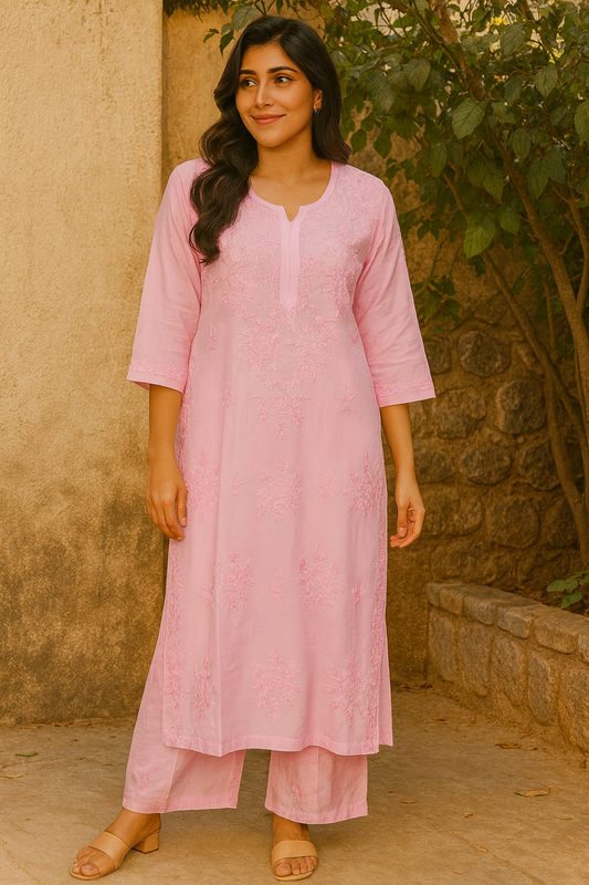 Pink Masleen Kurta Set with Palazzo | Handcrafted Chikankari Kurti & Palazzo Set | Varnika Exclusive Chikan