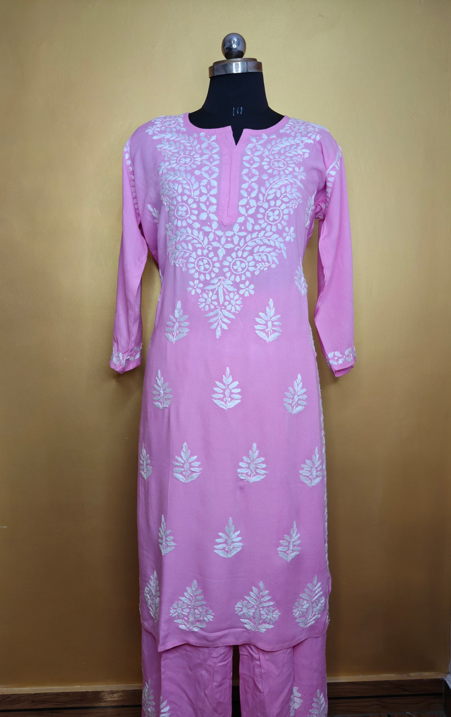 Pink Rayon Chikankari Kurta Set with Ghaspatti & Phanda Embroidery | Varnika Exclusive Chikan