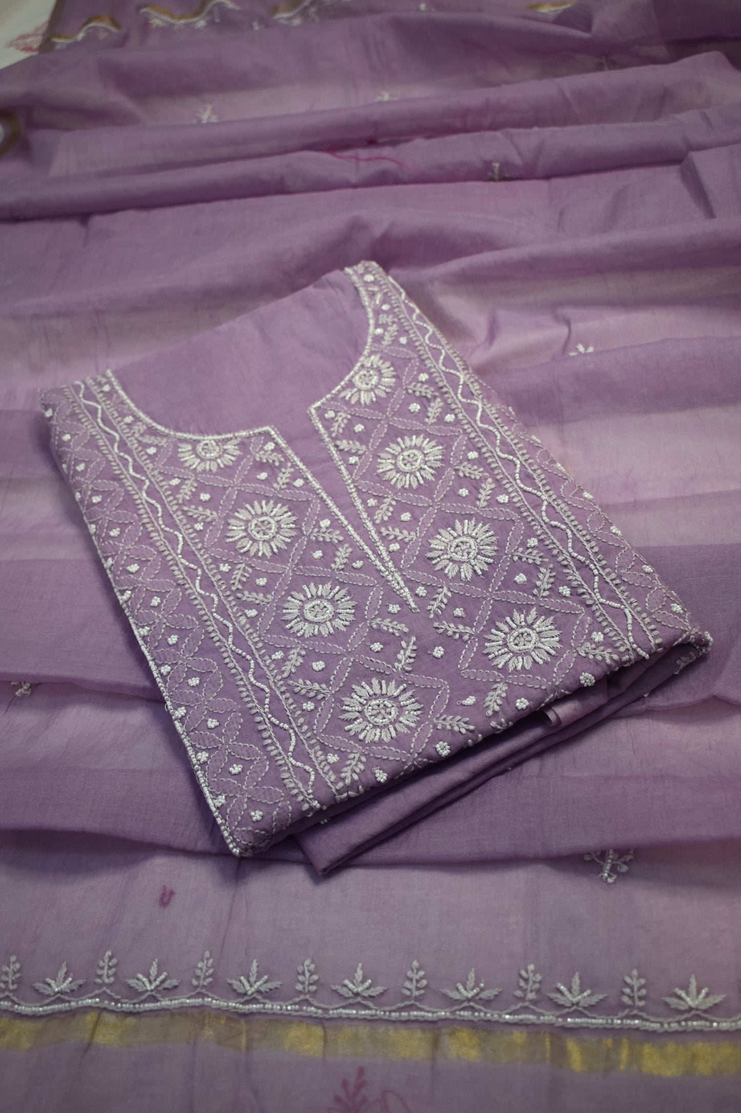 Unstitched Purple Mul Chanderi Suit Piece with Dupatta
