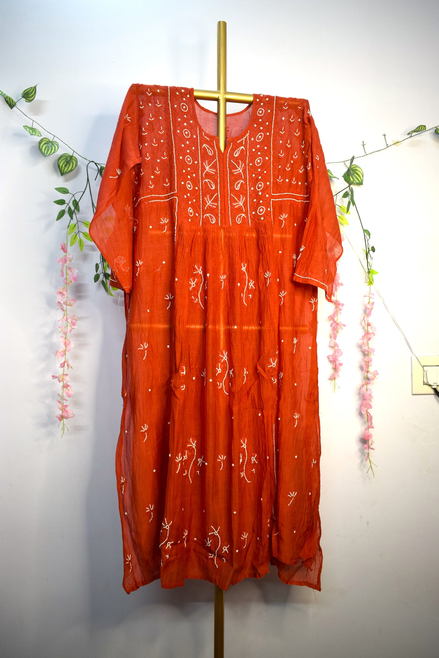 Semi-Stitched Red Chanderi Chikankari Anarkali Kurta Set