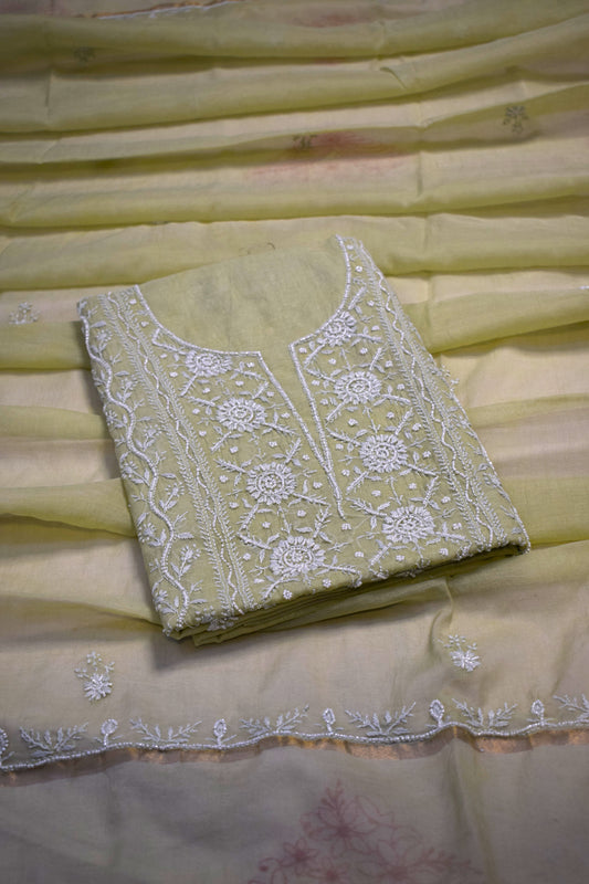 Unstitched Sage Green Mulmul Chanderi Suit Piece with Dupatta