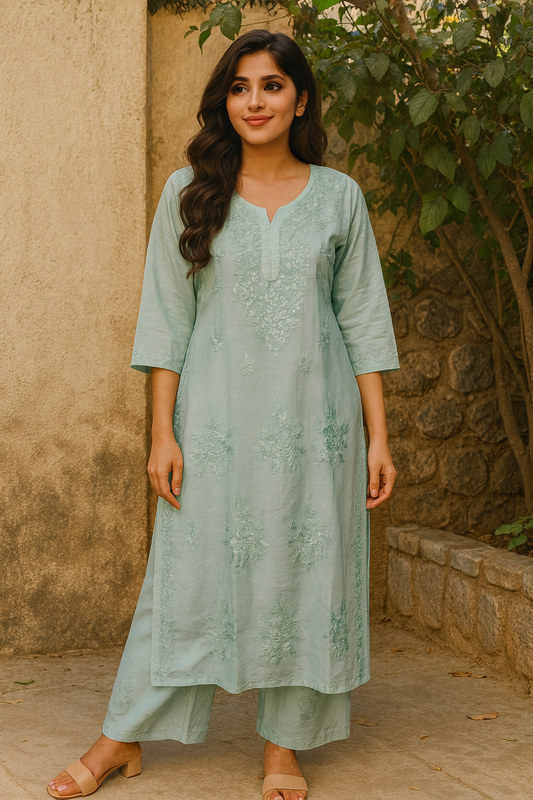 Aqua Marine Masleen Kurta Set with Palazzo | Handcrafted Chikankari Kurti & Palazzo Set | Varnika Exclusive Chikan