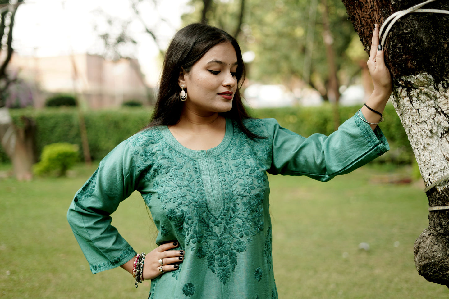 Teal Green Chanderi Kurta Set with Palazzo | Handcrafted Chikankari Embroidery | Varnika Exclusive Chikan