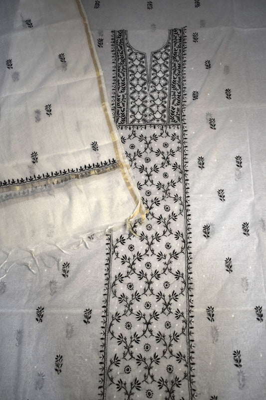 Unstitched White with black thread Mulmul Chanderi Suit Piece with Dupatta