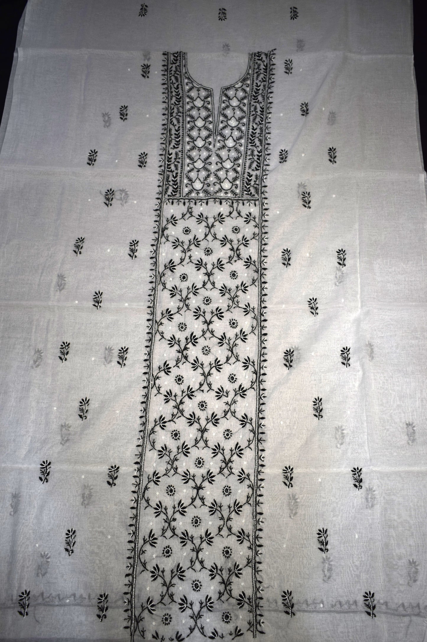 Unstitched White with black thread Mul Chanderi Suit Piece with Dupatta