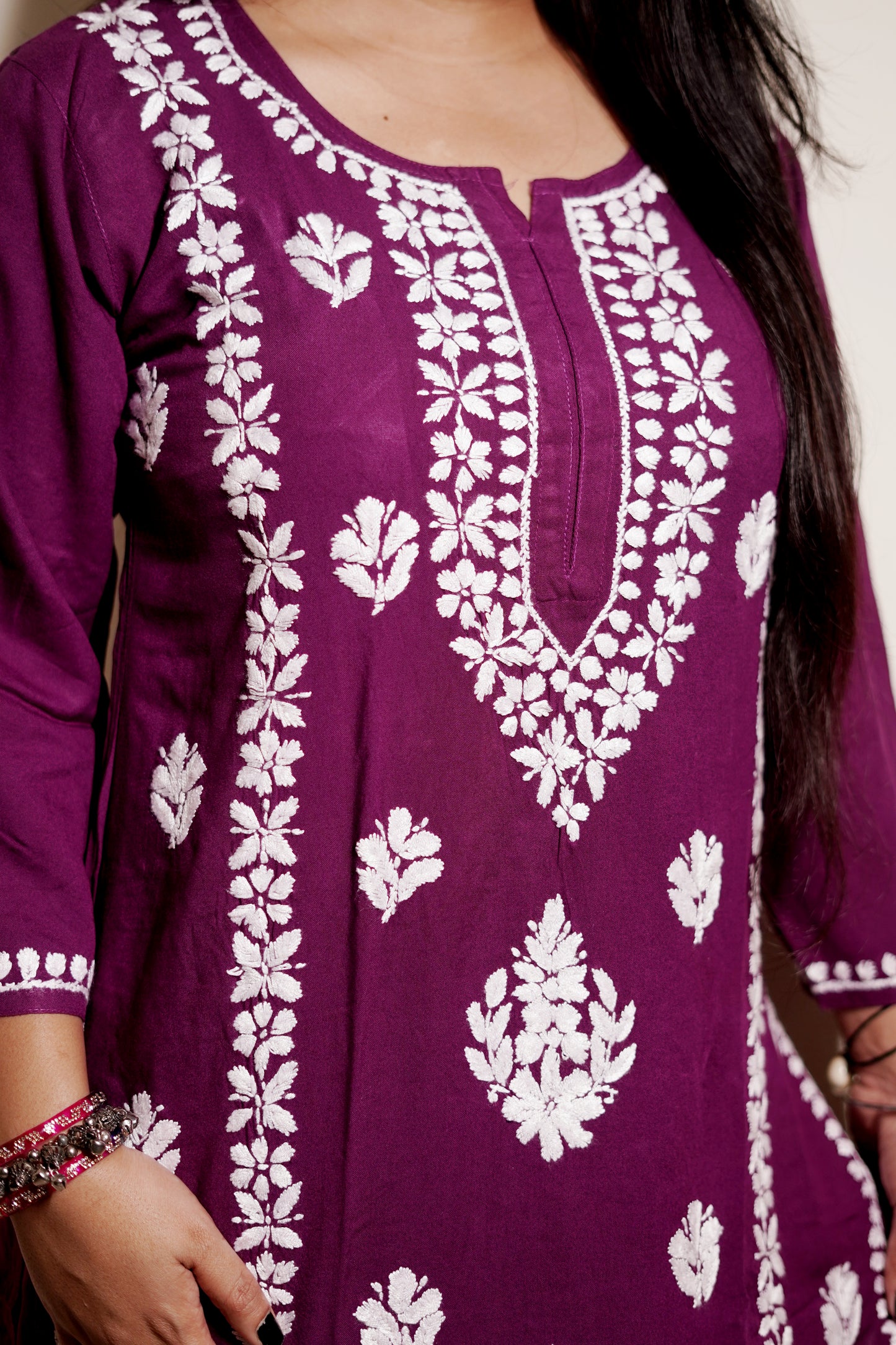 Wine Purple Rayon Chikankari Kurta Set with Ghaspatti & Phanda Embroidery | Varnika Exclusive Chikan