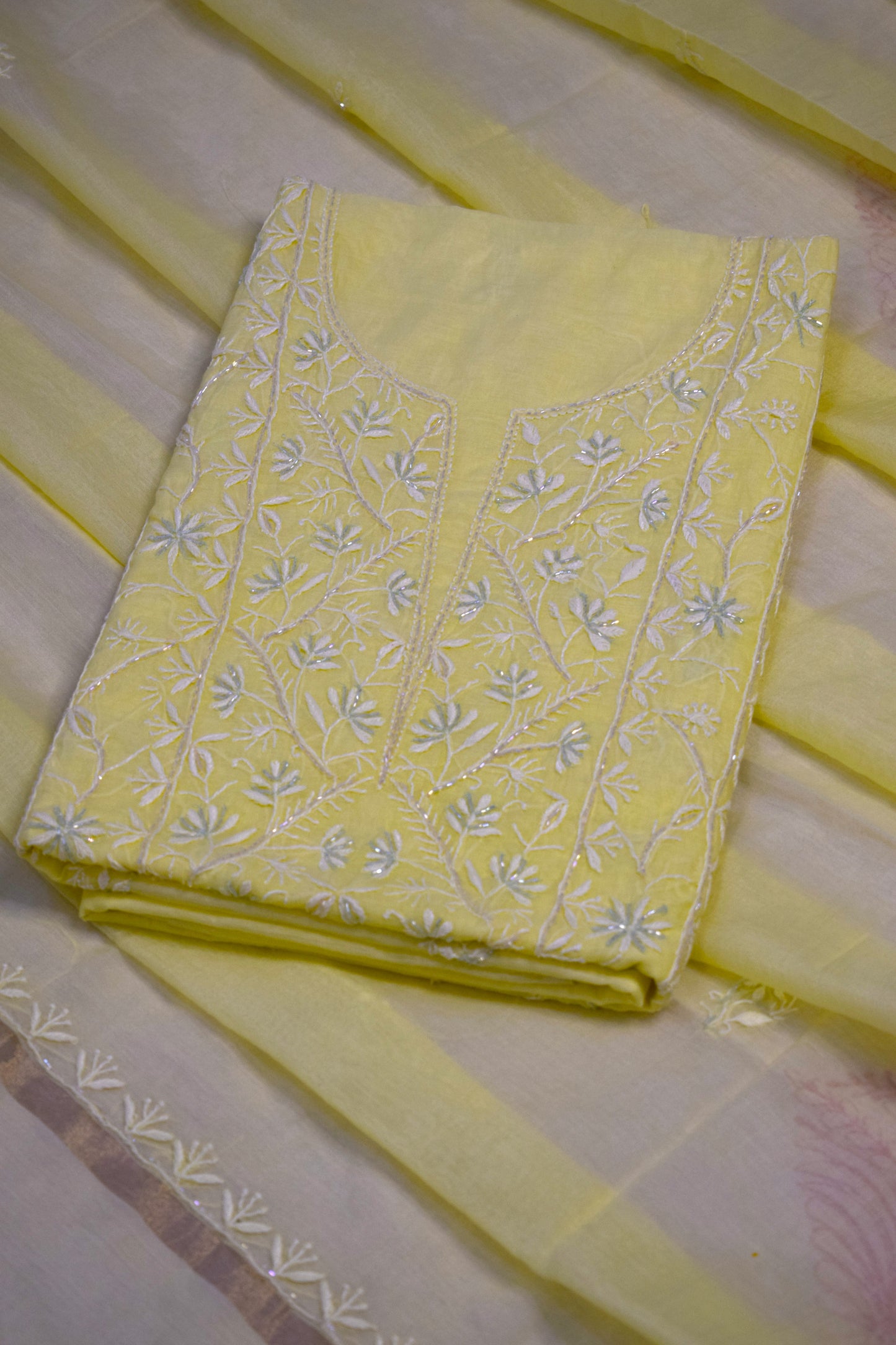 Unstitched Yellow Lemon thread Mul Chanderi Suit Piece with Dupatta